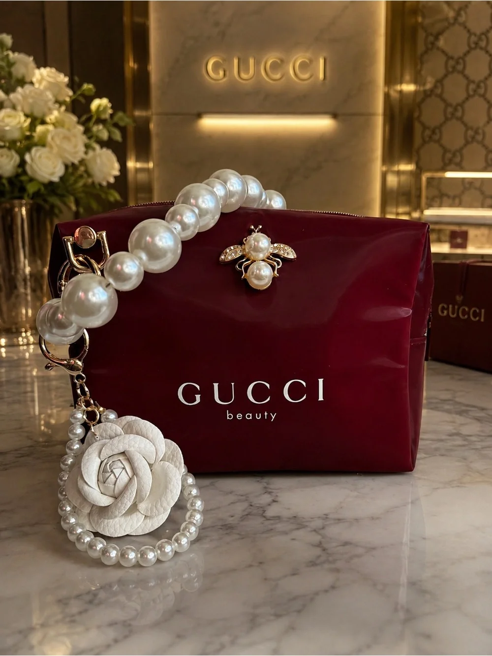 Gucci Burgundy Pearl-Handle Cosmetic Case with Bee Accent
